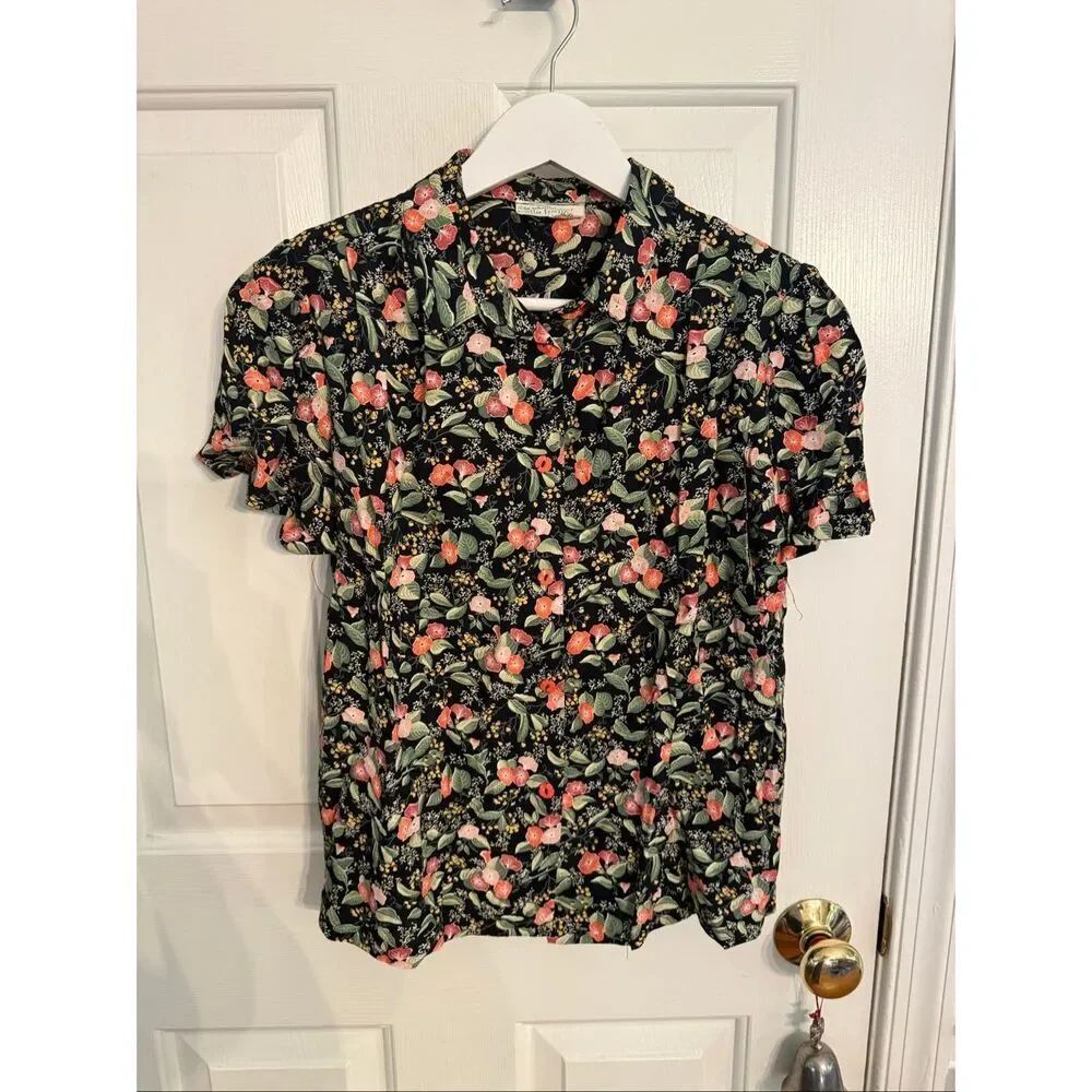 Vintage Jane Schaffhausen Black W/Pink Floral S/S Button Down Blouse sz M